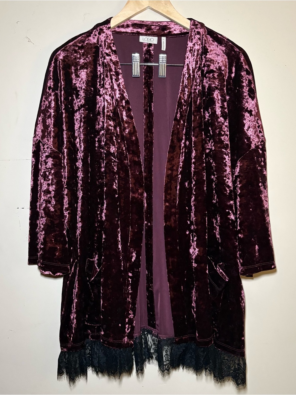 LOGO Lori Goldstein Crush Velvet Lace Trim Cardigan Duster Kimono Plum Boho L